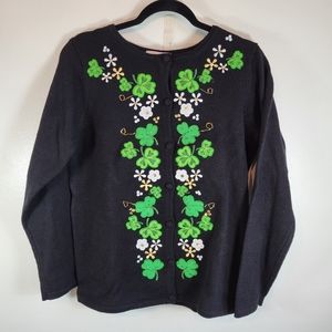 Quacker Factory Black Cardigan with Green, White & Gold Shamrock Embroidery